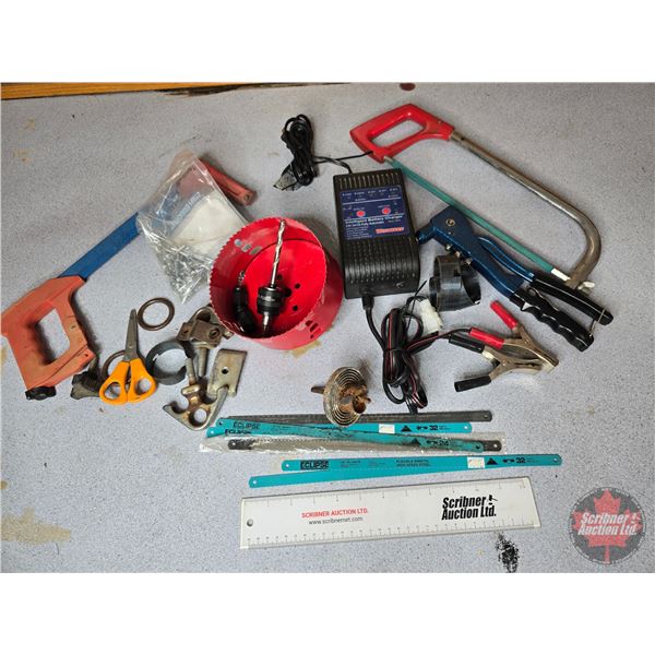 Westward Intelligent Battery Charger, 6" Hole Saw, Hack Saws, etc