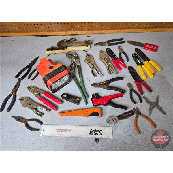 Variety of Pliers, Vise Grips, Wire Brushes, Flashlight, etc