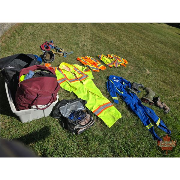 Tote Lot of Safety Gear (Large Variety) : Coveralls, Vests, Boots (Size 6)