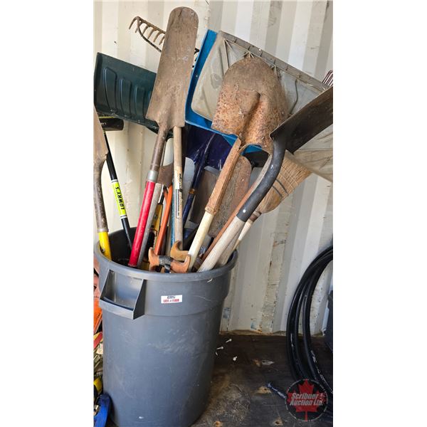 Trash Can w/Long Handled Tools : Shovels, Rakes, Hand Saws, Axe, Brooms
