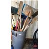 Image 1 : Trash Can w/Long Handled Tools : Shovels, Rakes, Hand Saws, Axe, Brooms