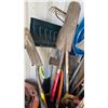 Image 2 : Trash Can w/Long Handled Tools : Shovels, Rakes, Hand Saws, Axe, Brooms