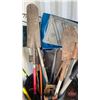 Image 3 : Trash Can w/Long Handled Tools : Shovels, Rakes, Hand Saws, Axe, Brooms