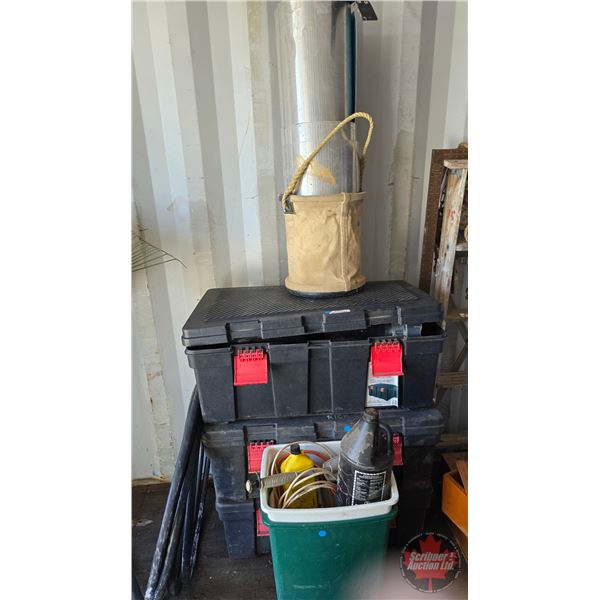 Work Tote Combo : Plastic Totes (3), Aluminum Flashing Pieces, Hubcaps, Screws, 4L Jugs Oil (0W40) (