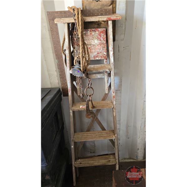 Antique Tool Trio : Wooden Step Ladder (5ft), Black and Tackle & Framing Square