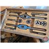 Image 6 : Wooden Tool Box w/Sockets, Drill Bits, Tap & Die Sets, Drill, etc