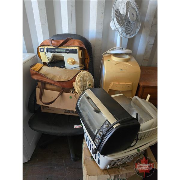 Household Variety Combo : Water Cooler, Fans, Singer Sewing Machine, Laundry Basket, Linens, Toaster