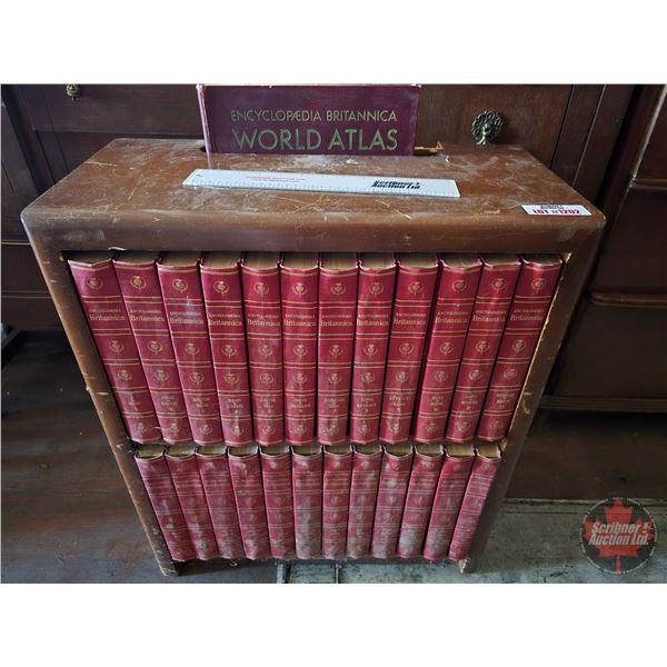 Brittanica Encyclopedias (Complete Set) w/Shelving Unit & World Atlas