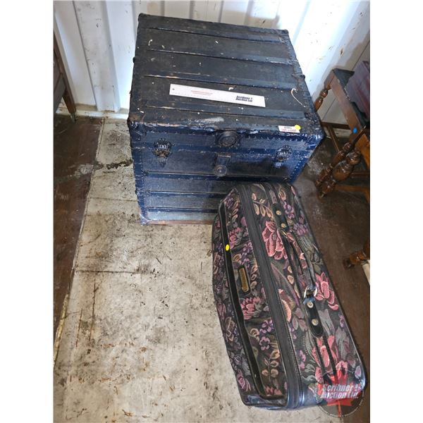 Shipping Trunk w/Jordache Soft Sided Luggage, Vintage Coat & Picture Frames