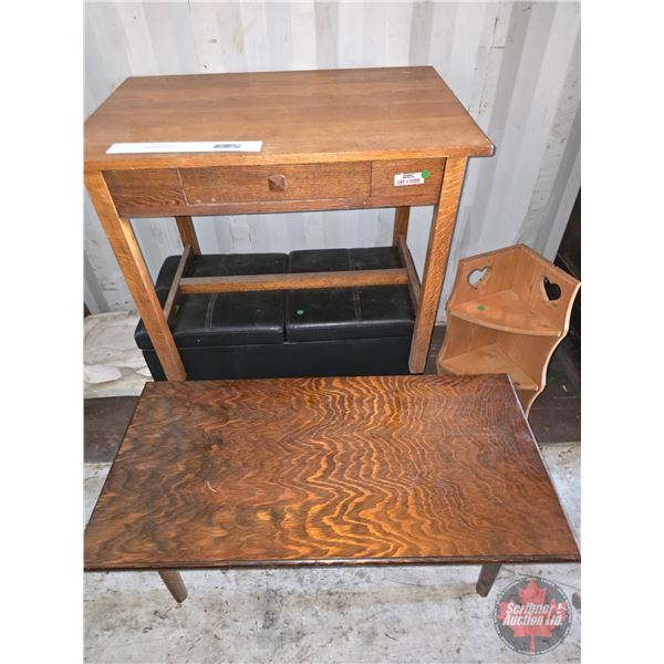 Oak Table w/Drawer, Coffee Table, Foot Stool & Corner Shelf