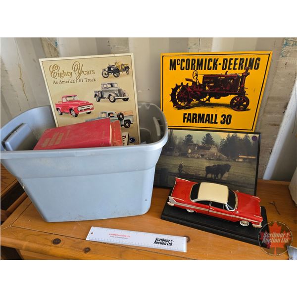Tote Lot : Books (including Woodworking, Motorcycle Mechanics, Shop Manual, etc), 1/8 Scale Plymouth