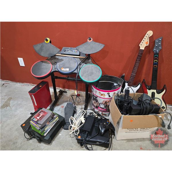 Video Game Consoles : XBOX Consoles (3), Games, Guitar Hero Guitars & Drum Set, etc