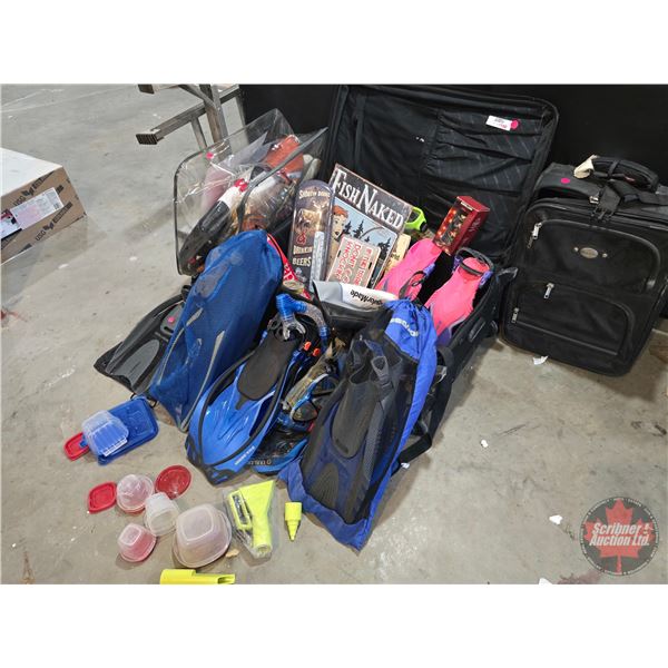 Luggage w/Flippers, Snorkel, Goggles, Novelty Tin Sign, DVDs, Blankets, etc