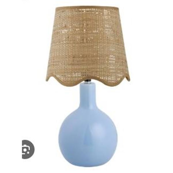 Blue Small Bedside Table Lamp With Rattan Shade, Model X004DD38A5