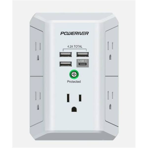Poweriver Model HR-519A 3U1C-White 5 AC Outlet Wall Unit with USB Ports