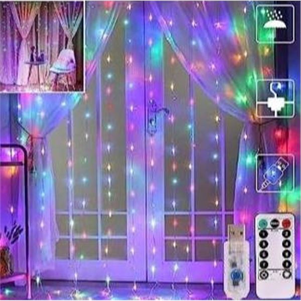 Curtain Lights with 300 LEDs and 8 Modes, USB Operated with Remote and Timer
