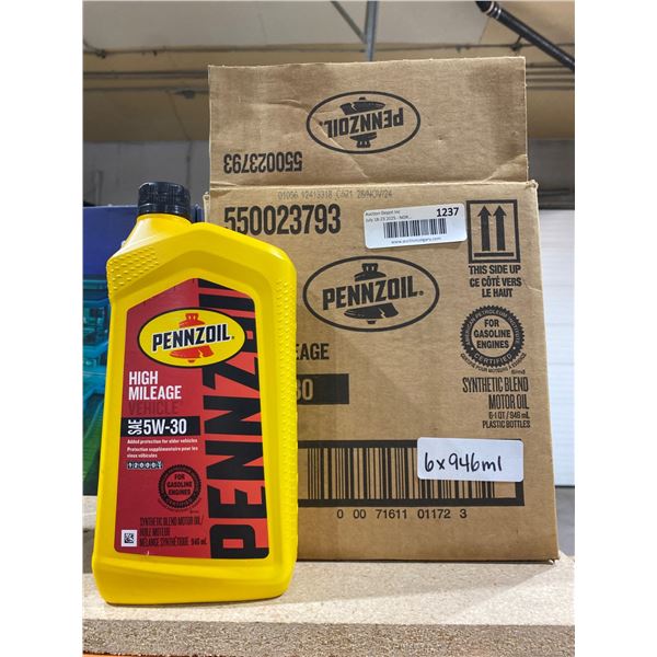 Pennzoil High Mileage Synthetic Blend 5W-30 Motor Oil – 6 Bottles, 946ml Each
