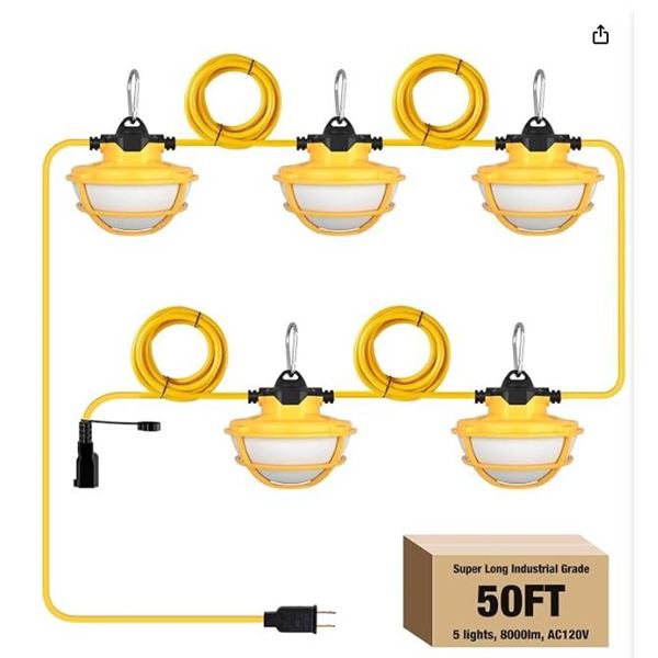 50FT Construction String Lights 65W 8000LM Industrial Grade LED Work Light
