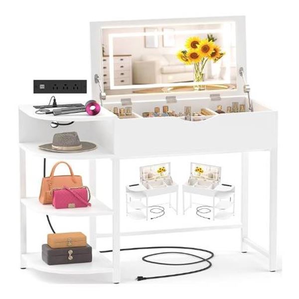 Cyclysio Vanity Desk with Flip Top Mirror and Lights, Makeup Vanity Desk with Drawers, Dressing Tabl