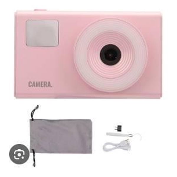 Compact Digital Camera With Pink Exterior and Accessories
