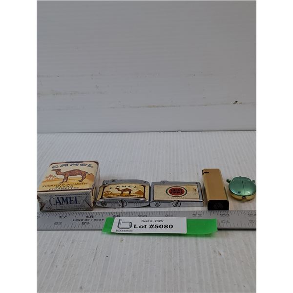 Camel Turkish & Domestic Blend Cigarettes & Lighter (NOS), Lucky Strike &Retangle Lighter & Bug Cloc