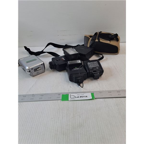 (4) Camera Flash Lights & Sony Handycam Camera- As Is