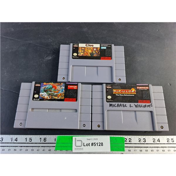 Super Nintendo Cartridges - Street Fighter 2, Clue, Pac Man 2 - Authenticity Not Guaranteed