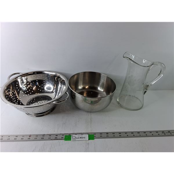 11″ Metal Strainer, 9″ Metal Bowl, 9″ Glass Flower Pitcher