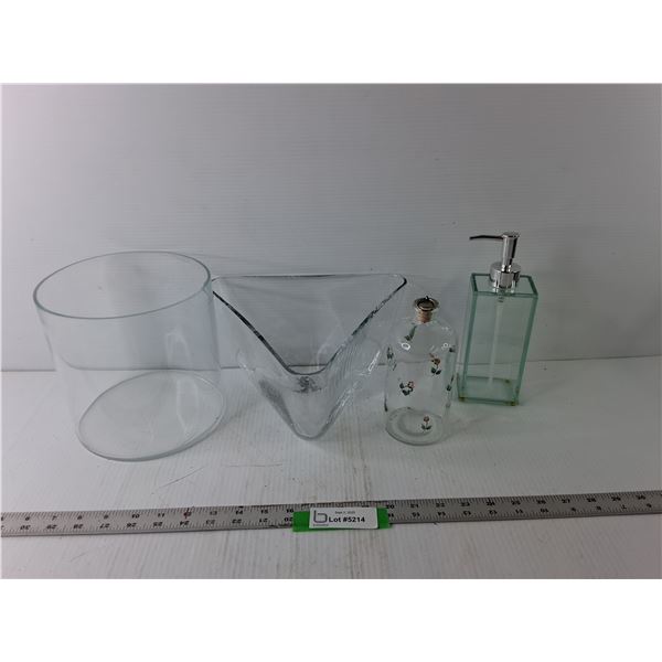 7″ Glass Bowl, 9″ Glass Triangle Bowl, Glass Soap Dispenser, Misc