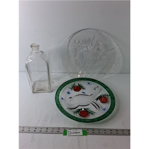 (2) 13″ Glass Plates, Kosta Boda, 11″ Square Glass Jug