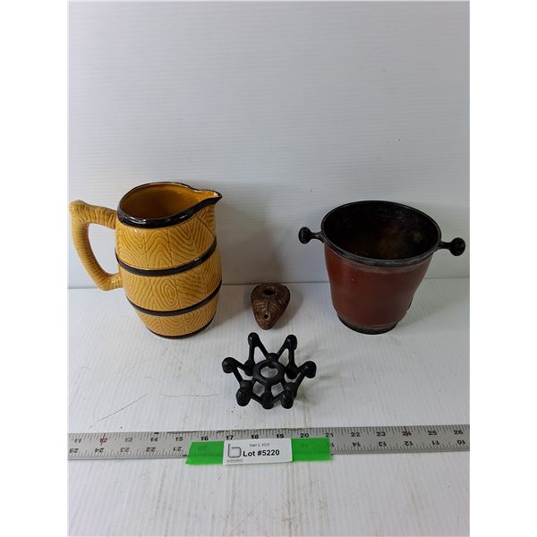 7″ Barrel Ceramic Pitcher, 5.5″ Metal Bucket, Misc