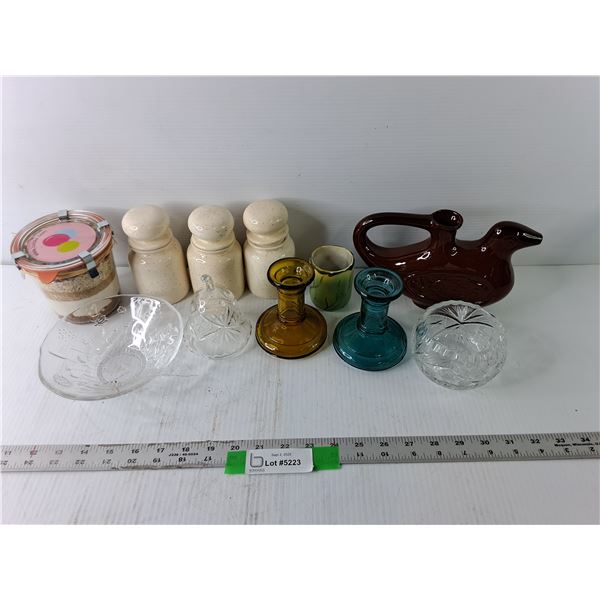 (3) 3″ Small White Containers, Red Bird Spout, (2) Coloured Candle Holders, Misc