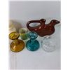 Image 3 : (3) 3″ Small White Containers, Red Bird Spout, (2) Coloured Candle Holders, Misc