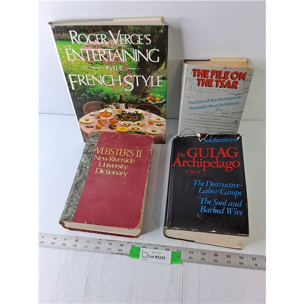(4) Hard Cover Books, the Gulag, the File on Tsar, Websters II Dictionary, Misc