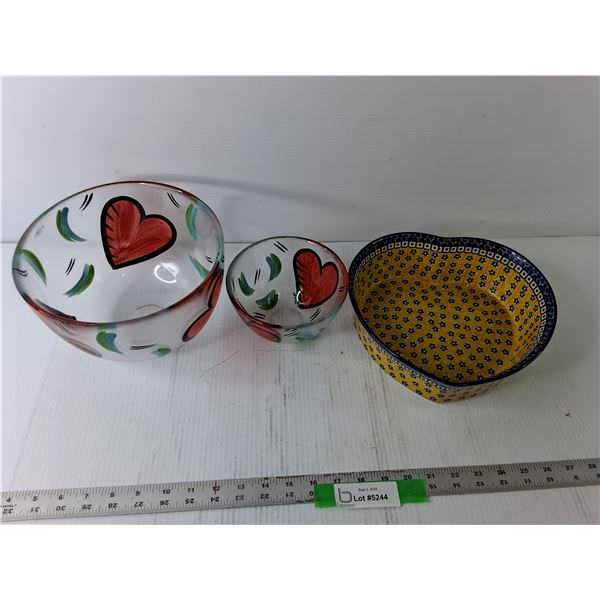(3) Heart Themed Bowls, (2) Glass, Ceramika Artystyczna Bolestawiec Poland