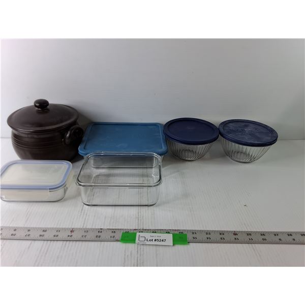 (5) Glass Containers (3) Pyrex Containers, Brown Bean Pot Up To 8"