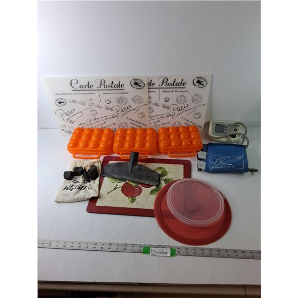 (3) Plastic Egg Cartons, Blood Pressure Monitor As-Is, Vacuum Head, Misc