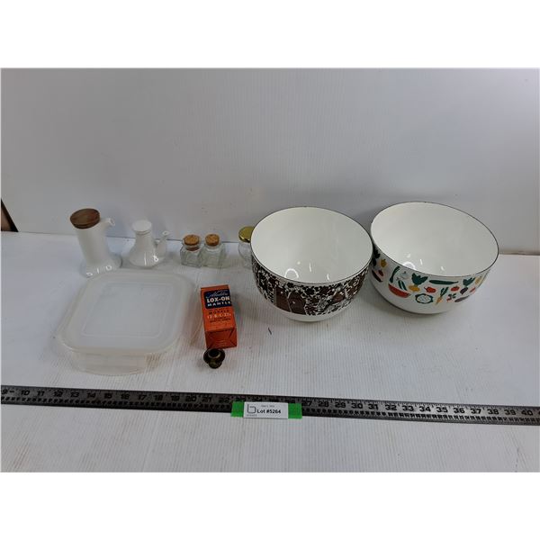 (2) 9″ Metal Bowls, (3) Small Jars up to 3″, Misc