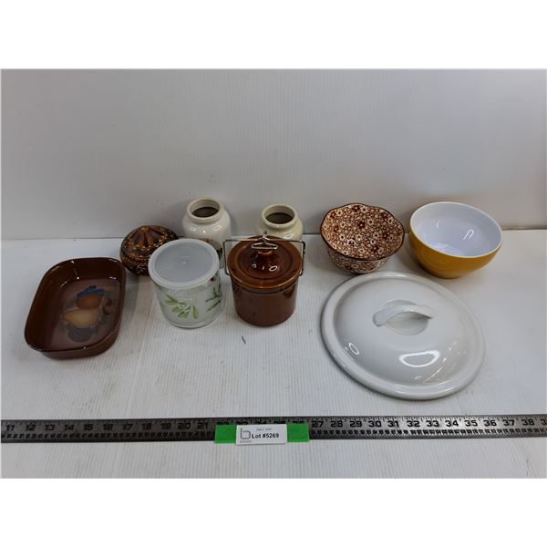 (3) Ceramic Jars, 8″ Ceramic Denby Tray, Yellow 6″ Emile Henry