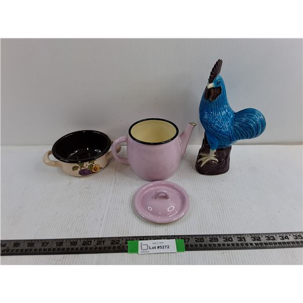 5″ Pink Metal Tea Pot, 5″ Metal Pot, 10″ Ceramic Blue Rooster