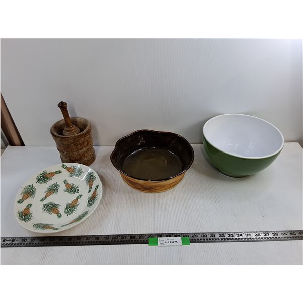 12″ Ceramic Arabia Plate, 5″ Emile Henry Green Ceramic Bowl, Misc