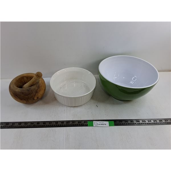 11″ Emile Henry Green Ceramic Bowl, 9″ Corning Ware Bowl, 6″ Wooden Motar