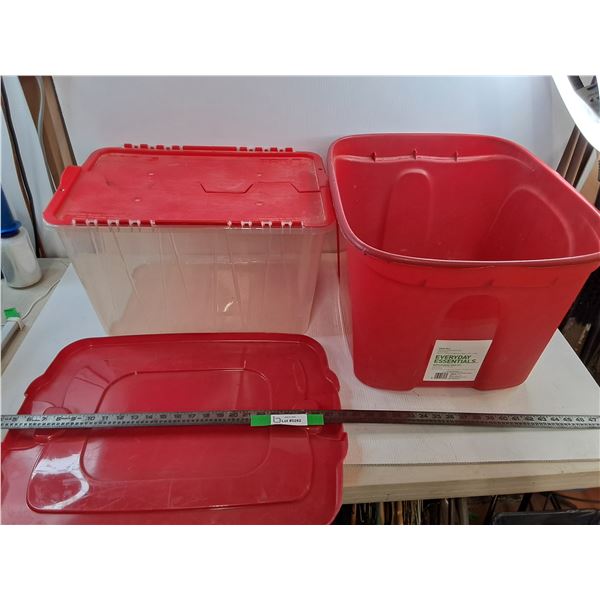 23″ Red Plastic Tub With Lid, 20″ Clear Tub With Lid CANNOT SHIP