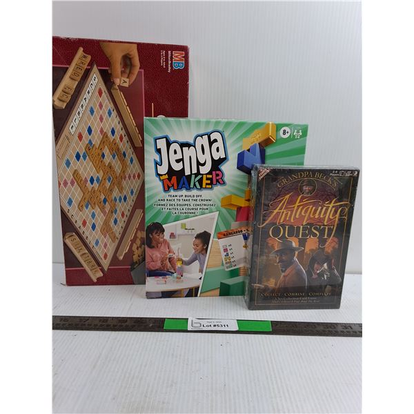 Scrabble, Jenga Maker, Antiquity Quest Board Game Lot