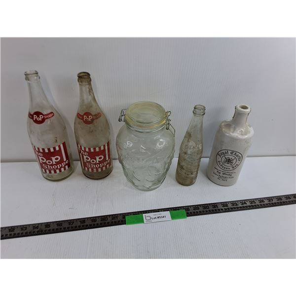 (4) Glass Bottles, the Pop Shoppe, Pumpkin Jar, Ceramic Royal Charter Bottle