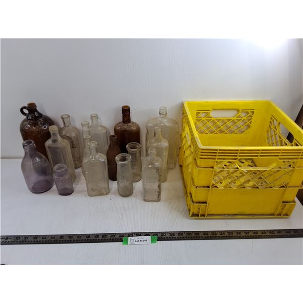 (15) Various Vintage Glass Bottles up to 11″, Milk Crate  -  PICK UP