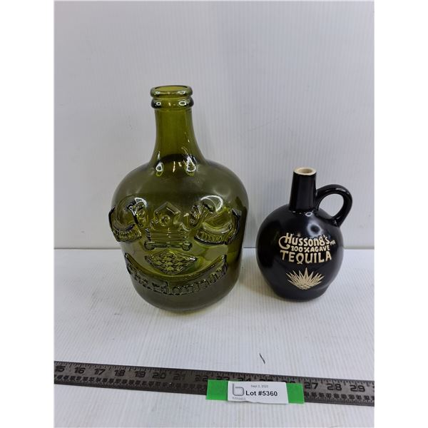 13″ Chardonnay Green Glass Bottle, 7″ Hussongs Tequila Ceramic Bottle