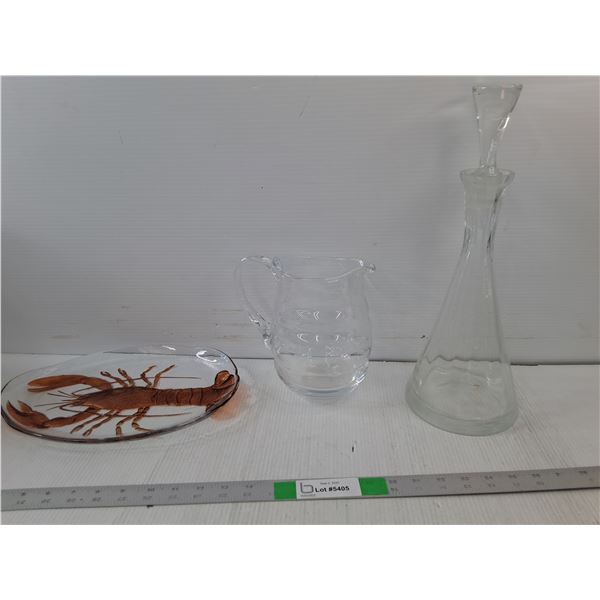 (3) Various Glassware - Lobster Plate, Pitcher, Tall Lidded Vase