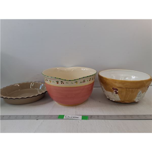 (2) Bowls, (1) Pie Plate - Sakura China Chicken Bowl, Pfaltzgraff Large Cherry Bowl, Pie Plate 9"