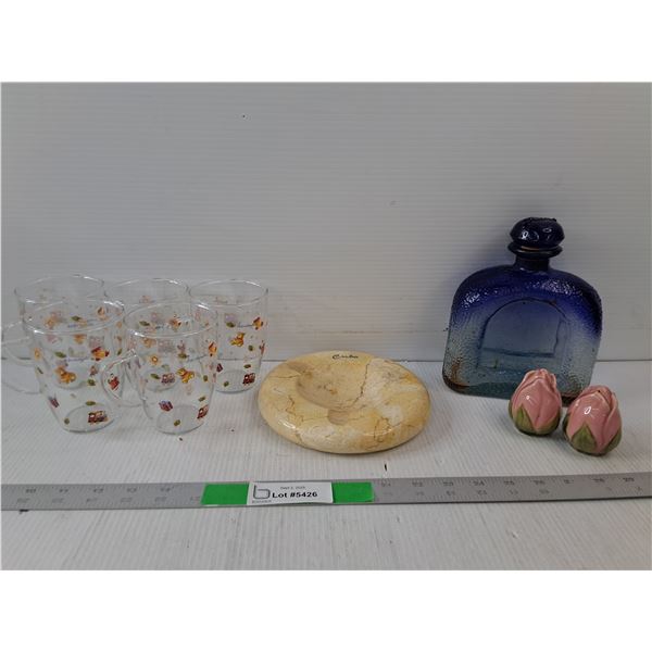 (5) Hand Crafted Glasses Villeroy & Boch, (2) Rose Salt Pepper Shakers, Glass Flask, Cuba Cigarette 